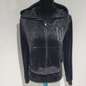 Wicked Kids Velour Rhinestone Embellished Zipper Hoodie Small Black Whimsy Y2K